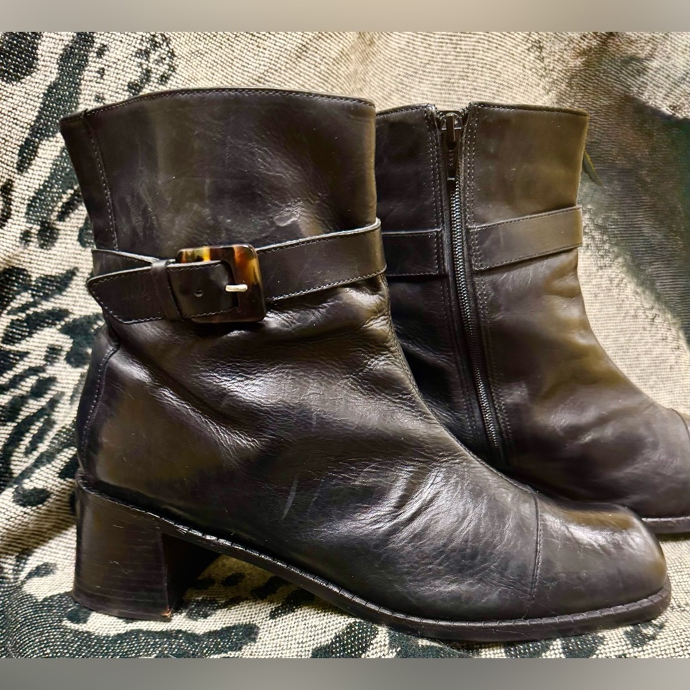 Vintage Black Brazilian Leather Ankle Boots with Buckle